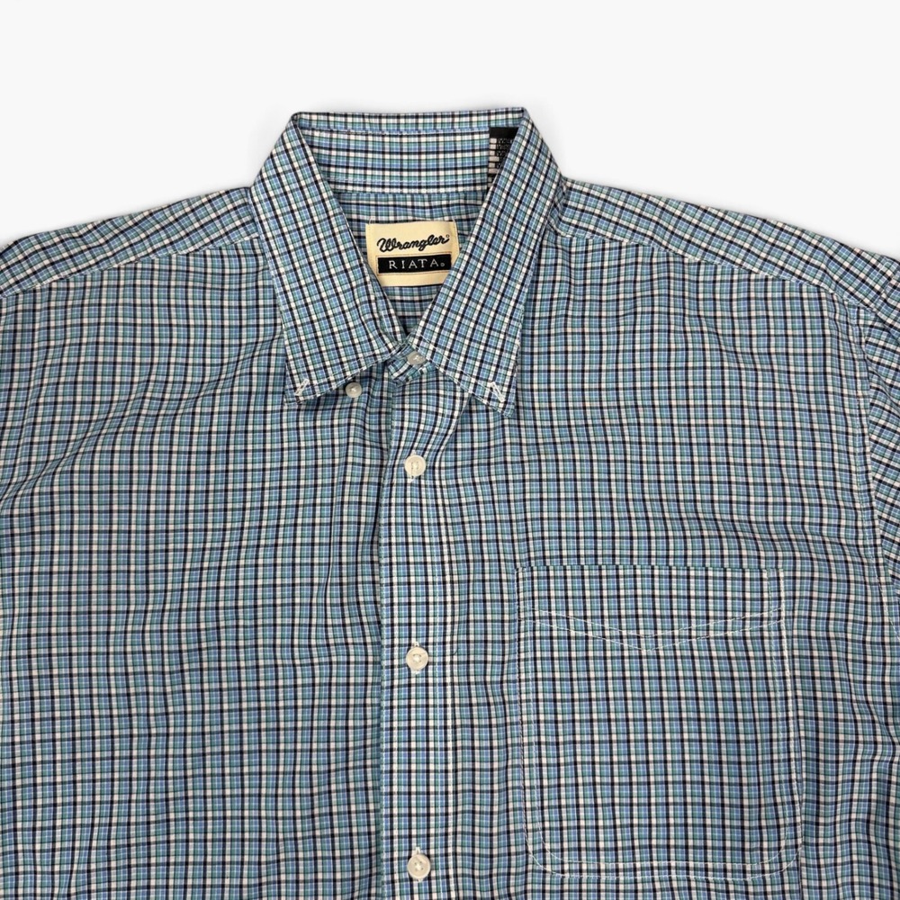 Wrangler Riata Mens XL Short Sleeve Plaid Button Down Shirt Blue